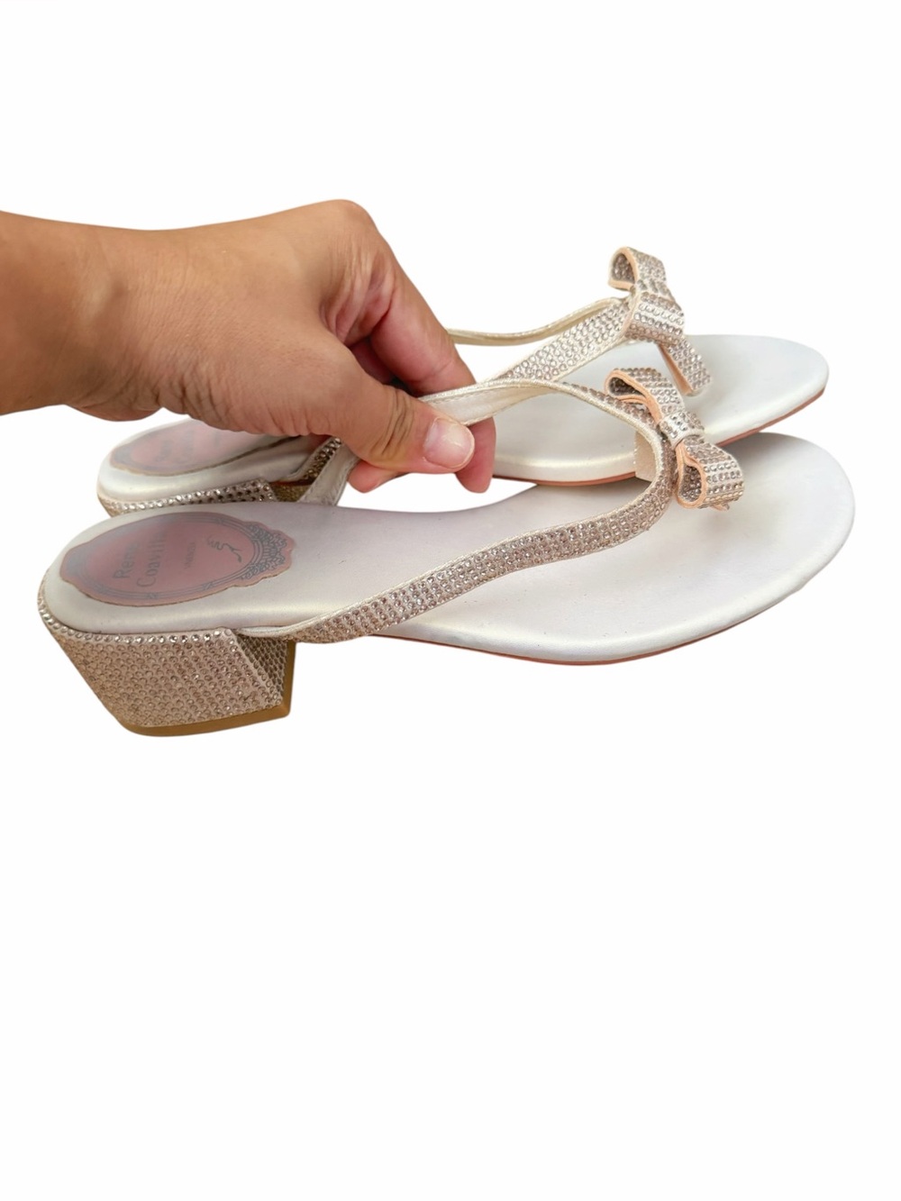 Blush Pink Rhinestone Bow Mid Heel Thong Sandals EU 37
